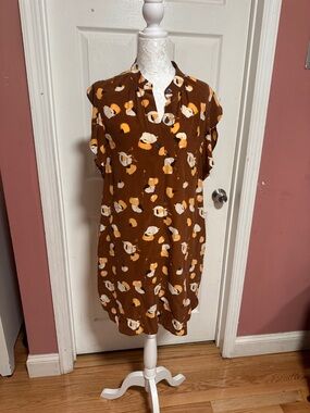 Equipment Brown and Cream Floral Blouse with Orange Accents